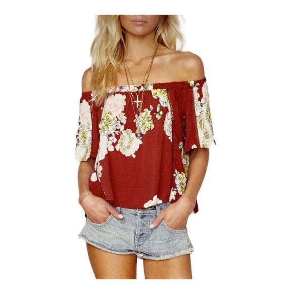 ASTR blouse top off the shoulder short cropped maroon floral SZ XS flowy - Picture 1 of 7